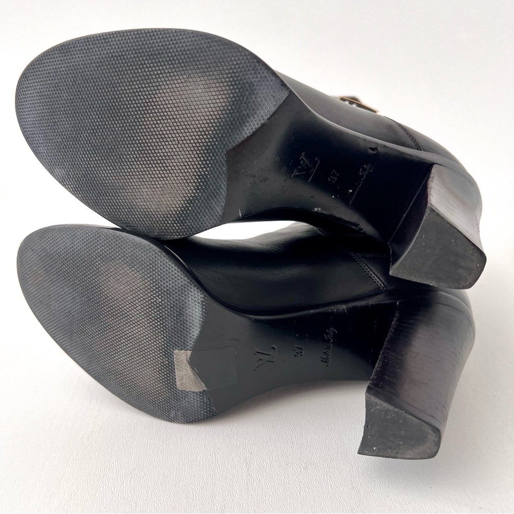 LOUIS VUITTON | Black Leather Ankle Booties LV Logo Buckle Block Heel EU 37 - Picture 13 of 15